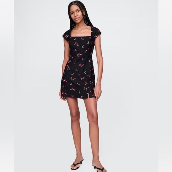 GAP Black Cherry Print linen blend cap sleeve Mini Dress Medium NWT - Picture 1 of 5